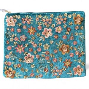 Floral Embroidered Velvet Clutch/Cosmetic Case - Teal and Multicolor